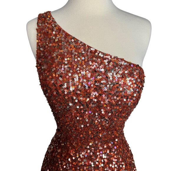 Vintage Scala One-Shoulder Full Sequin and Silk Mini Dress Sparkling Rust Orange - Picture 3 of 11